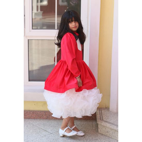 صورة فستان بناتي أحمر وتنورة كب كيك | فستان شتوي للحفلات - M3775