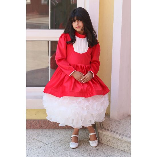 صورة فستان بناتي أحمر وتنورة كب كيك | فستان شتوي للحفلات - M3775