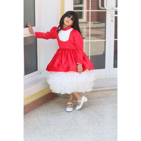 صورة فستان بناتي أحمر وتنورة كب كيك | فستان شتوي للحفلات - M3775