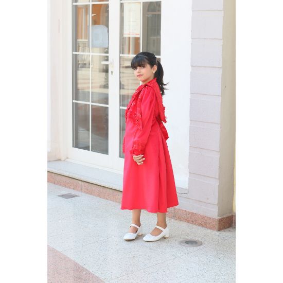 صورة طقم فستان بناتي أحمر مع بوليرو مطرز | فستان سهرة فاخر - m3774