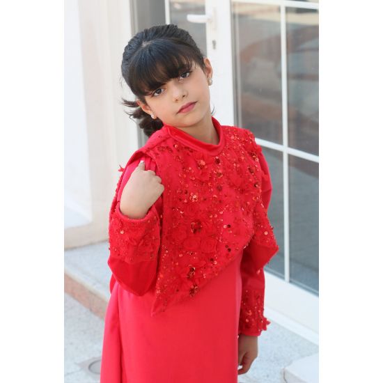 صورة طقم فستان بناتي أحمر مع بوليرو مطرز | فستان سهرة فاخر - m3774