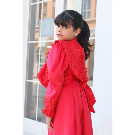 صورة طقم فستان بناتي أحمر مع بوليرو مطرز | فستان سهرة فاخر - m3774