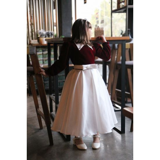 صورة فستان بناتي مخمل عنابي وتنورة بيضاء | إطلالة ملكية شتوية - 1113