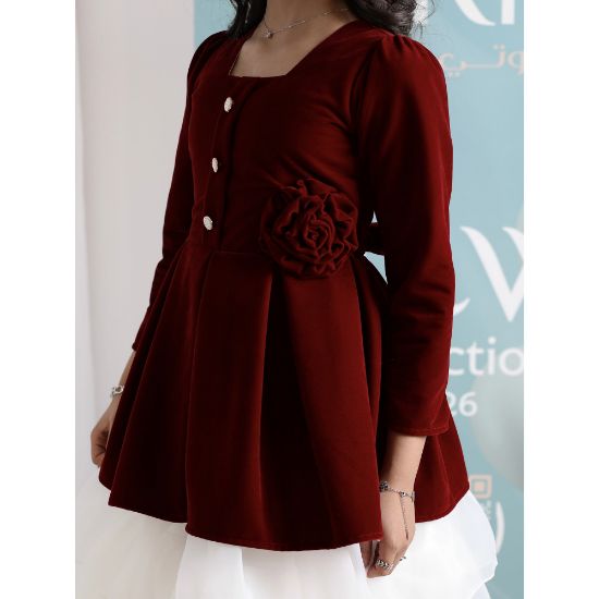 صورة فستان بناتي مخمل عنابي وتنورة تل | فستان شتوي بطبقات - 1105