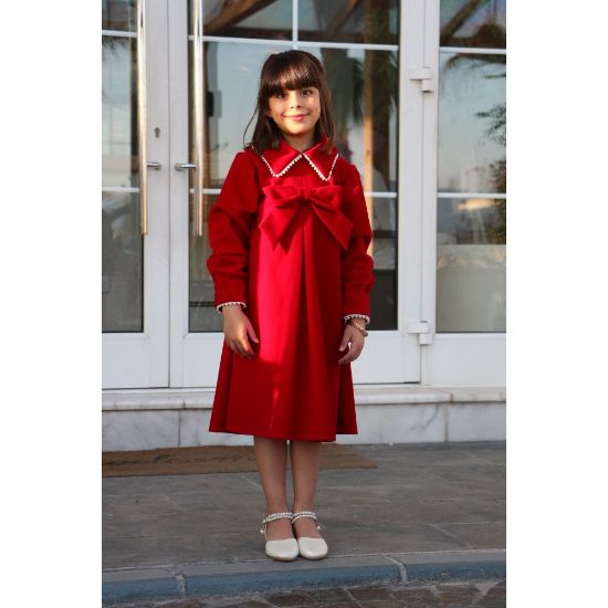 صورة فستان بناتي أحمر بفيونكة كبيرة وياقة لؤلؤ | تصميم كلاسيكي للعيد - 1120