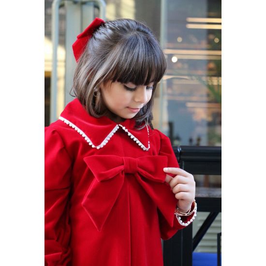 صورة فستان بناتي أحمر بفيونكة كبيرة وياقة لؤلؤ | تصميم كلاسيكي للعيد - 1120