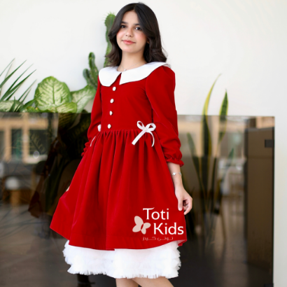 صورة فستان بناتي مخمل أحمر بياقة بيضاء | فستان شتوي بطبقات تل - 1124