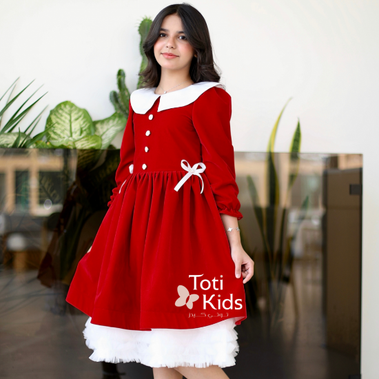 صورة فستان بناتي مخمل أحمر بياقة بيضاء | فستان شتوي بطبقات تل - 1124