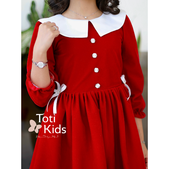 صورة فستان بناتي مخمل أحمر بياقة بيضاء | فستان شتوي بطبقات تل - 1124