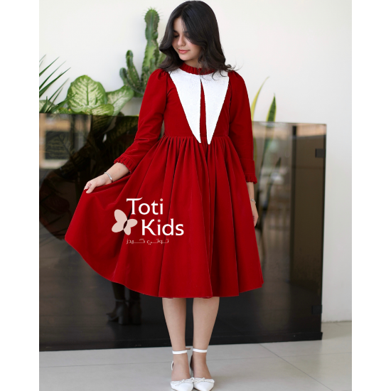 صورة فستان بناتي مخمل أحمر بياقة كشكش | تصميم شتوي كلاسيكي - 1117