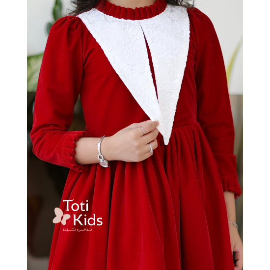 صورة فستان بناتي مخمل أحمر بياقة كشكش | تصميم شتوي كلاسيكي - 1117