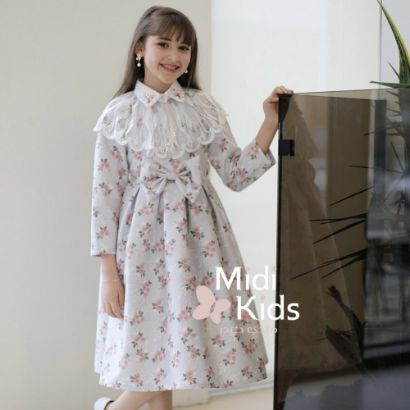 صورة فستان بناتي مورد ناعم | فيونكة خصر أنيقة وتفاصيل رقبة ذانتيل - M3766