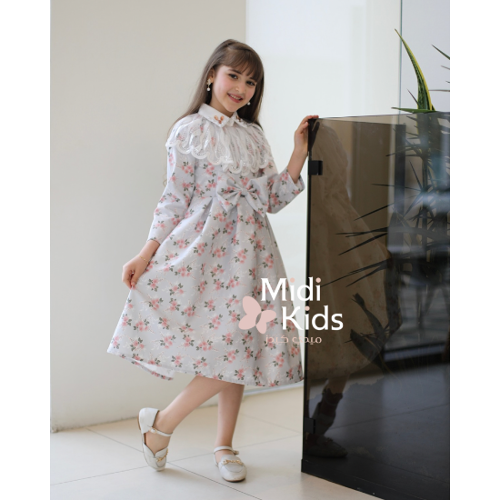 صورة فستان بناتي مورد ناعم | فيونكة خصر أنيقة وتفاصيل رقبة ذانتيل - M3766