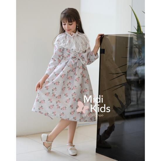 صورة فستان بناتي مورد ناعم | فيونكة خصر أنيقة وتفاصيل رقبة ذانتيل - M3766