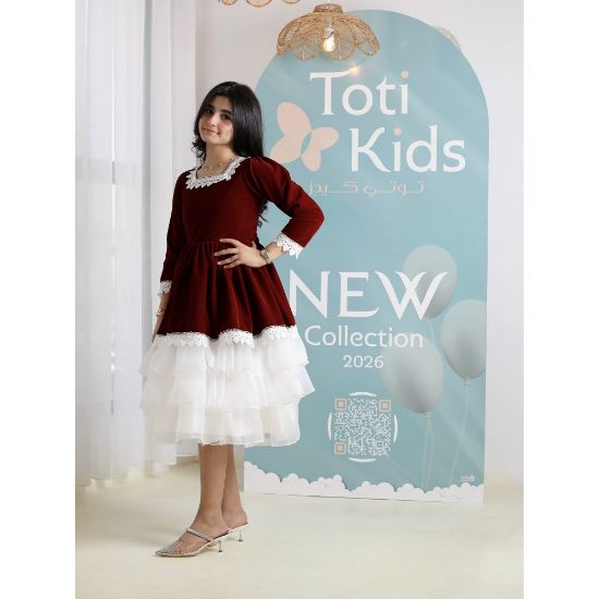 صورة فستان بناتي مخمل بياقة دانتيل | فستان شتوي بطبقات تل - 1106