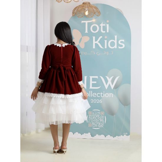 صورة فستان بناتي مخمل بياقة دانتيل | فستان شتوي بطبقات تل - 1106