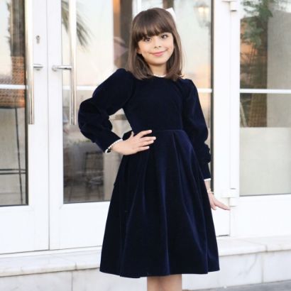 صورة فستان بناتي مخمل كحلي بياقة لؤلؤ | فستان شتوي للمناسبات - 1114