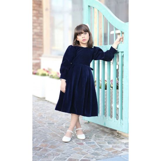 صورة فستان بناتي مخمل كحلي بياقة لؤلؤ | فستان شتوي للمناسبات - 1114