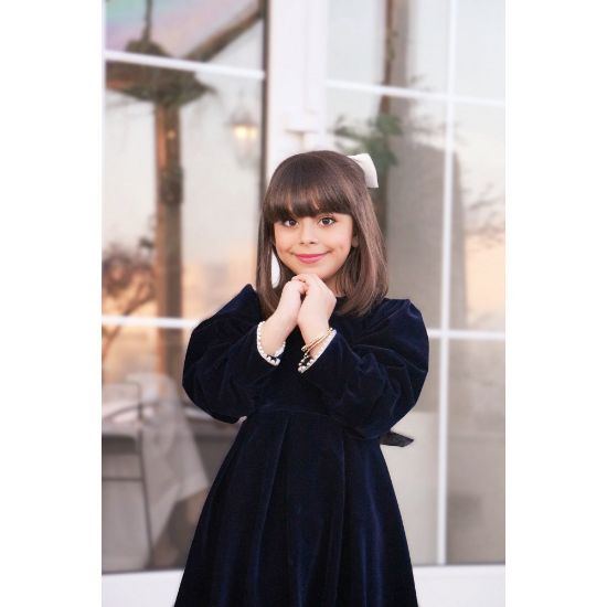 صورة فستان بناتي مخمل كحلي بياقة لؤلؤ | فستان شتوي للمناسبات - 1114