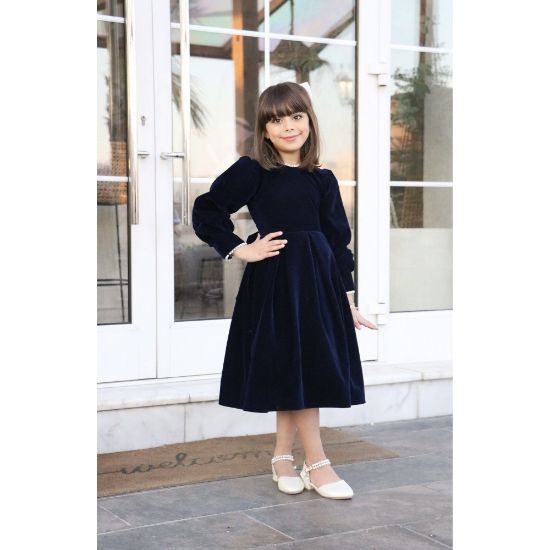 صورة فستان بناتي مخمل كحلي بياقة لؤلؤ | فستان شتوي للمناسبات - 1114