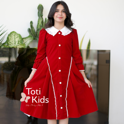 صورة فستان بناتي مخمل بـلونين | أزرار ولؤلؤ لتصميم كلاسيكي - 1126