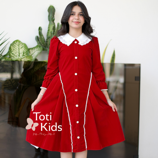 صورة فستان بناتي مخمل بـلونين | أزرار ولؤلؤ لتصميم كلاسيكي - 1126