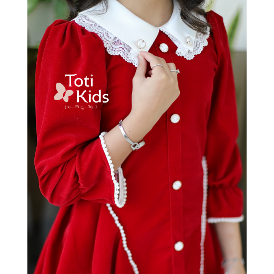 صورة فستان بناتي مخمل بـلونين | أزرار ولؤلؤ لتصميم كلاسيكي - 1126