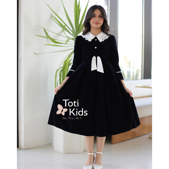 صورة فستان بناتي مخمل بـلونين بفيونكة | تصميم كلاسيكي بتفاصيل كم مميزة- 1122