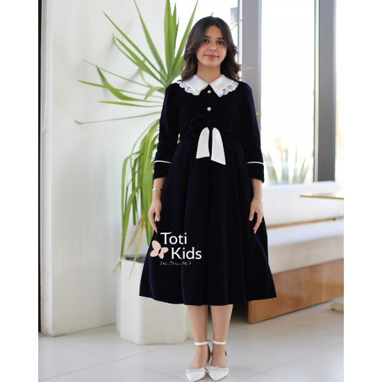 صورة فستان بناتي مخمل بـلونين بفيونكة | تصميم كلاسيكي بتفاصيل كم مميزة- 1122