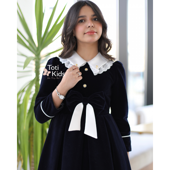 صورة فستان بناتي مخمل بـلونين بفيونكة | تصميم كلاسيكي بتفاصيل كم مميزة- 1122