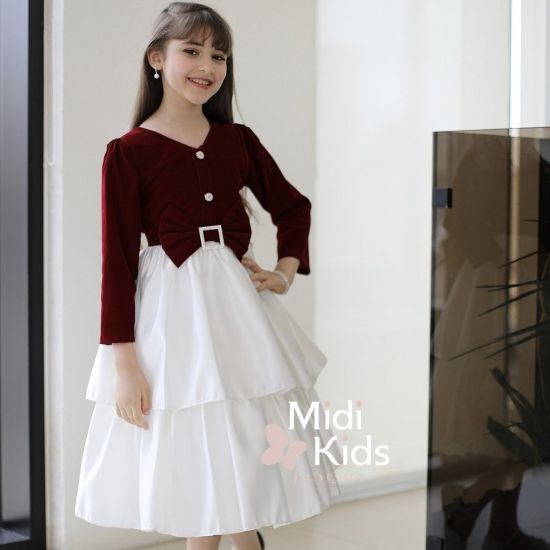 صورة فستان بناتي مخمل أحمر | فيونكة خصر أنيقة وإكسسوار كريستالي - M3781