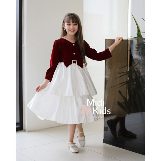 صورة فستان بناتي مخمل أحمر | فيونكة خصر أنيقة وإكسسوار كريستالي - M3781