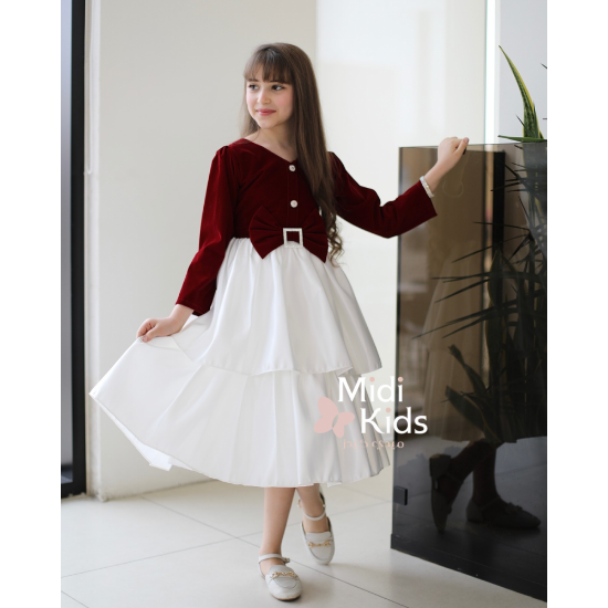 صورة فستان بناتي مخمل أحمر | فيونكة خصر أنيقة وإكسسوار كريستالي - M3781