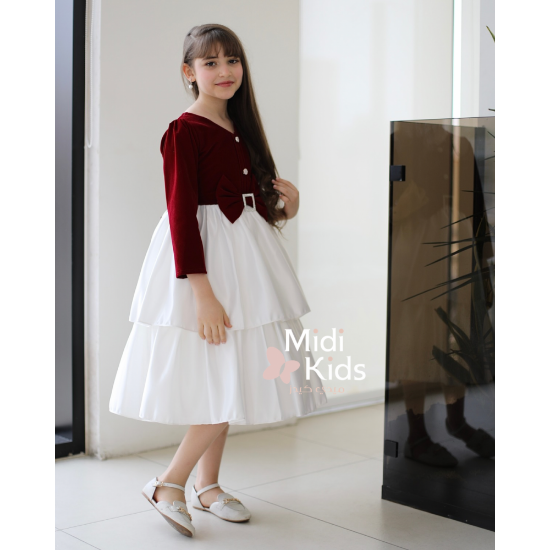 صورة فستان بناتي مخمل أحمر | فيونكة خصر أنيقة وإكسسوار كريستالي - M3781