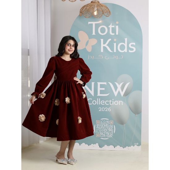 صورة فستان بناتي مخمل عنابي بزهور بارزة | فستان شتوي فاخر - 1100