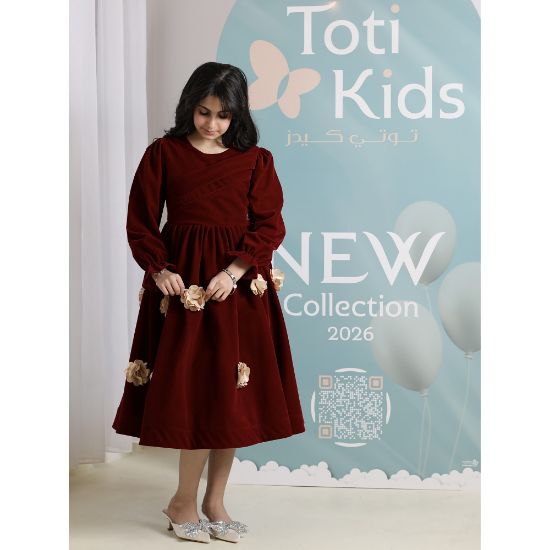 صورة فستان بناتي مخمل عنابي بزهور بارزة | فستان شتوي فاخر - 1100