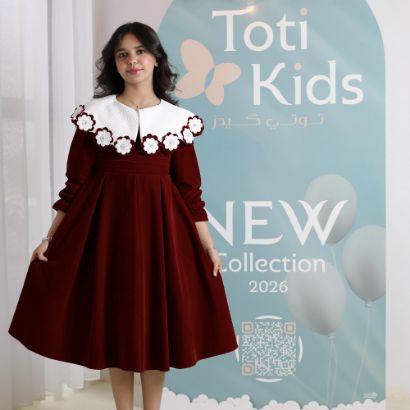 صورة فستان بناتي مخمل بياقة الزهور | فستان شتوي كلاسيكي - 1107