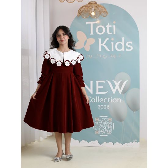 صورة فستان بناتي مخمل بياقة الزهور | فستان شتوي كلاسيكي - 1107