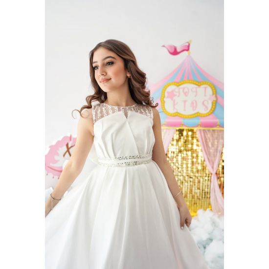 صورة فستان بناتي سهرة إطلالة الأميرات ذيل مرصع وفيونكه من الخلف - M3570