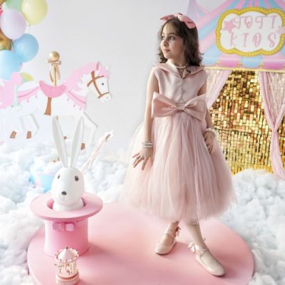 صورة فستان سهرة بناتي وردي تل بفيونكة - M3724