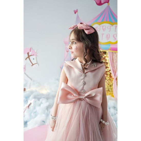 صورة فستان سهرة بناتي وردي تل بفيونكة - M3724