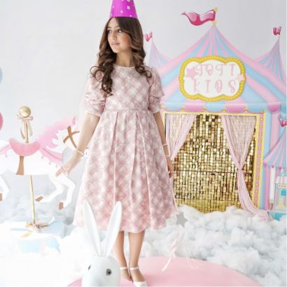 صورة فستان بناتي كاروهات وردي تصميم كلاسيكي للحفلات - 1019