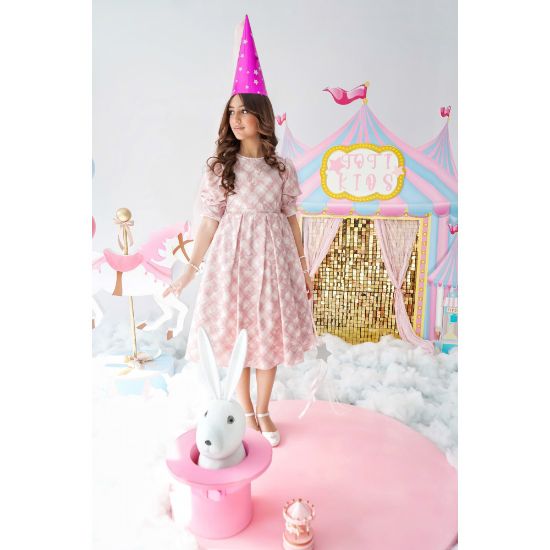 صورة فستان بناتي كاروهات وردي تصميم كلاسيكي للحفلات - 1019