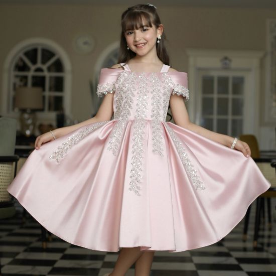 صورة فستان بناتي بلونين مطرز بأكتاف | فستان سهرة للأفراح - M3624