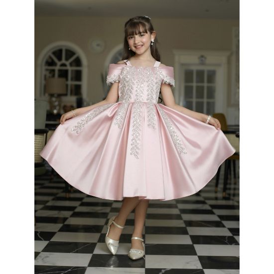 صورة فستان بناتي بلونين مطرز بأكتاف | فستان سهرة للأفراح - M3624