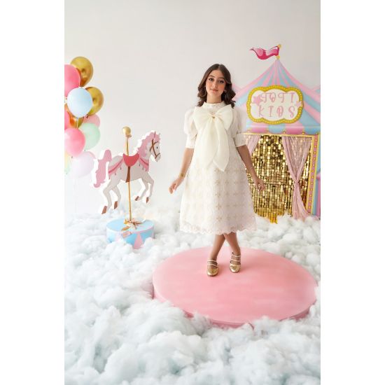 صورة فستان بناتي نقشة مورد بفيونكة | تصميم فاخر للمناسبات - 1015