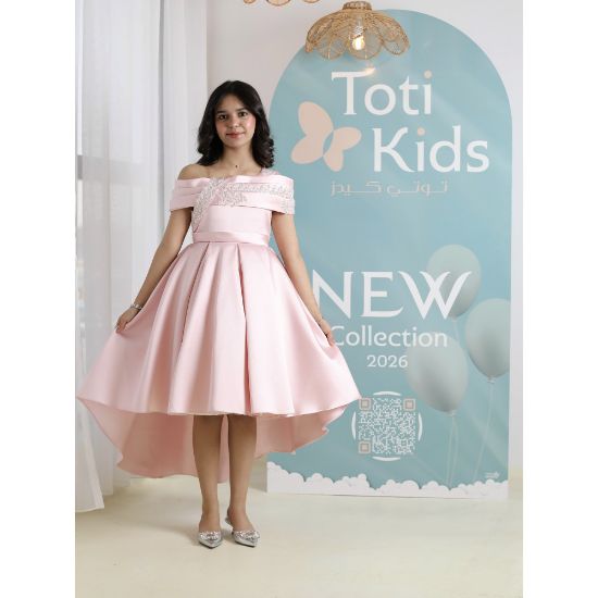 صورة فستان بناتي وردي أوف شولدر | فستان هاي لو للمناسبات - M3750