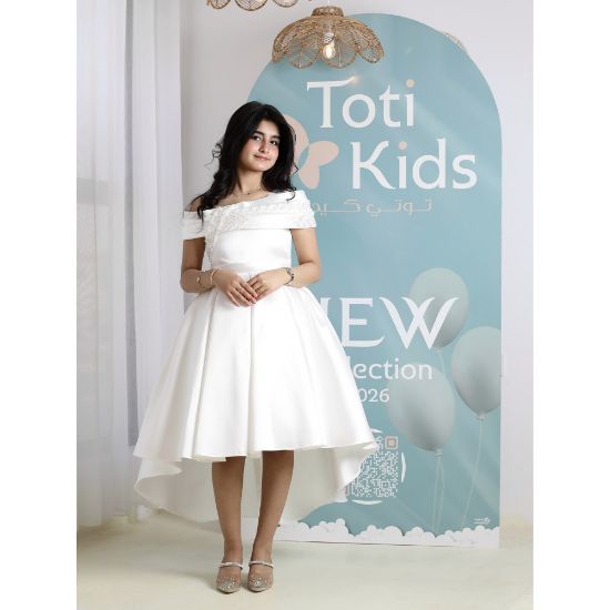 صورة فستان بناتي أبيض أوف شولدر | فستان هاي لو للأفراح - M3750