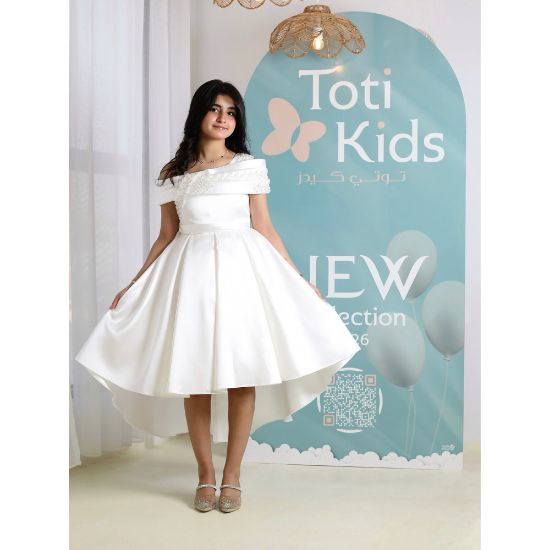 صورة فستان بناتي أبيض أوف شولدر | فستان هاي لو للأفراح - M3750