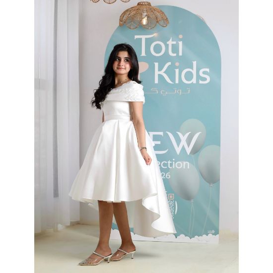 صورة فستان بناتي أبيض أوف شولدر | فستان هاي لو للأفراح - M3750